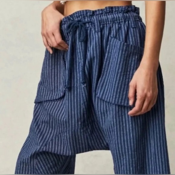 Free People Runyon Oversize Stripe Pant Harem Blue Drawstring Medium - Picture 3 of 3